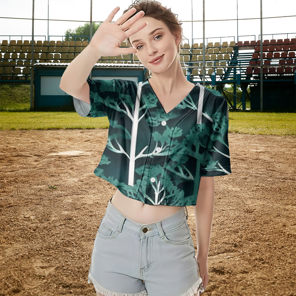 Green White Branches Crop Top Baseball Jersey